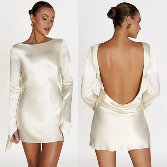 Meshki Davina Satin Long Sleeve Open Back Mini Dress in Ivory Size Large - Picture 1 of 8